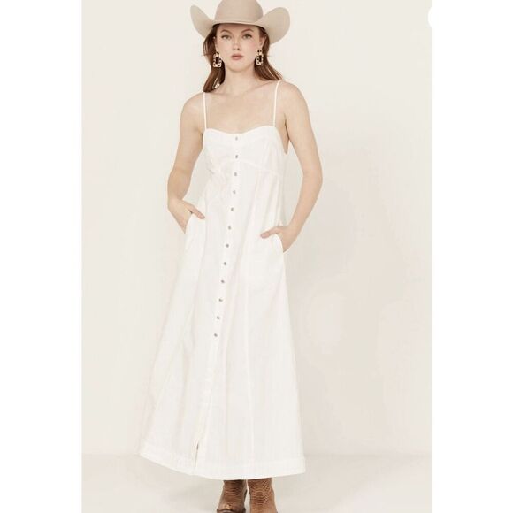 Free People Ivory Cotton Button Down Denim Scoop Neck Just Jill Maxi Dress S - Picture 1 of 5